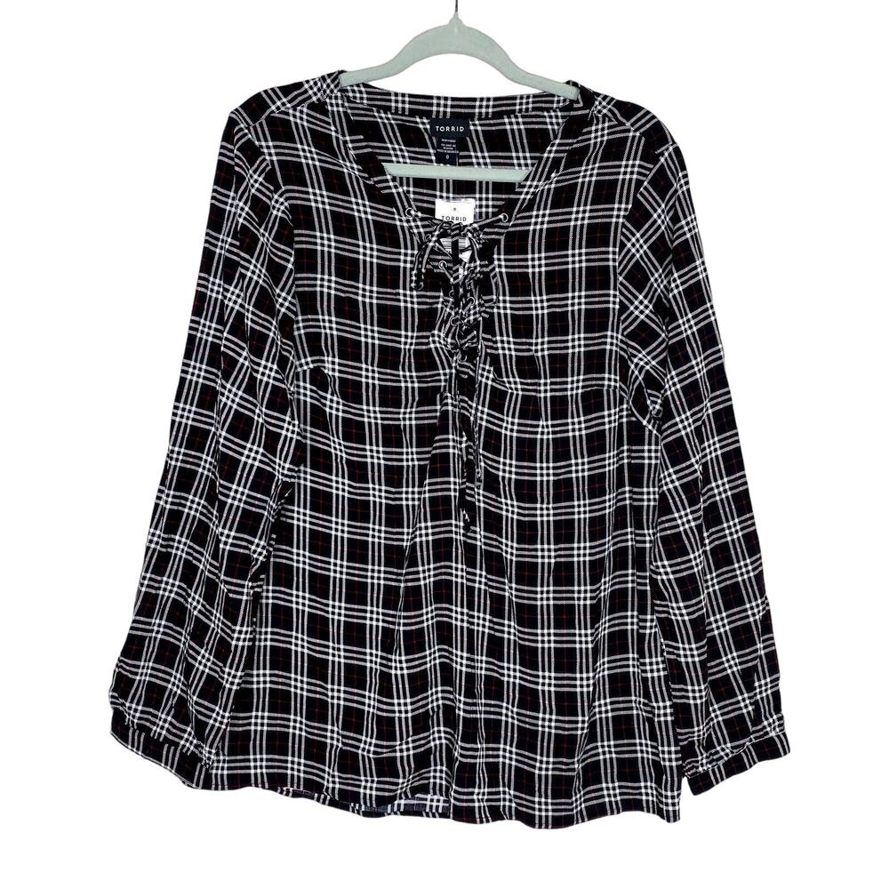 Torrid Lace Up Long Sleeve Plaid Challis Tunic Top Pullover Black Red Large Fall